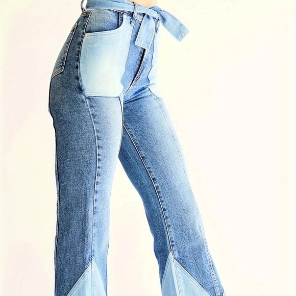 Denim Cotton Patchwork Hi-Waist Flared Blue Jeans - Picture 3 of 6